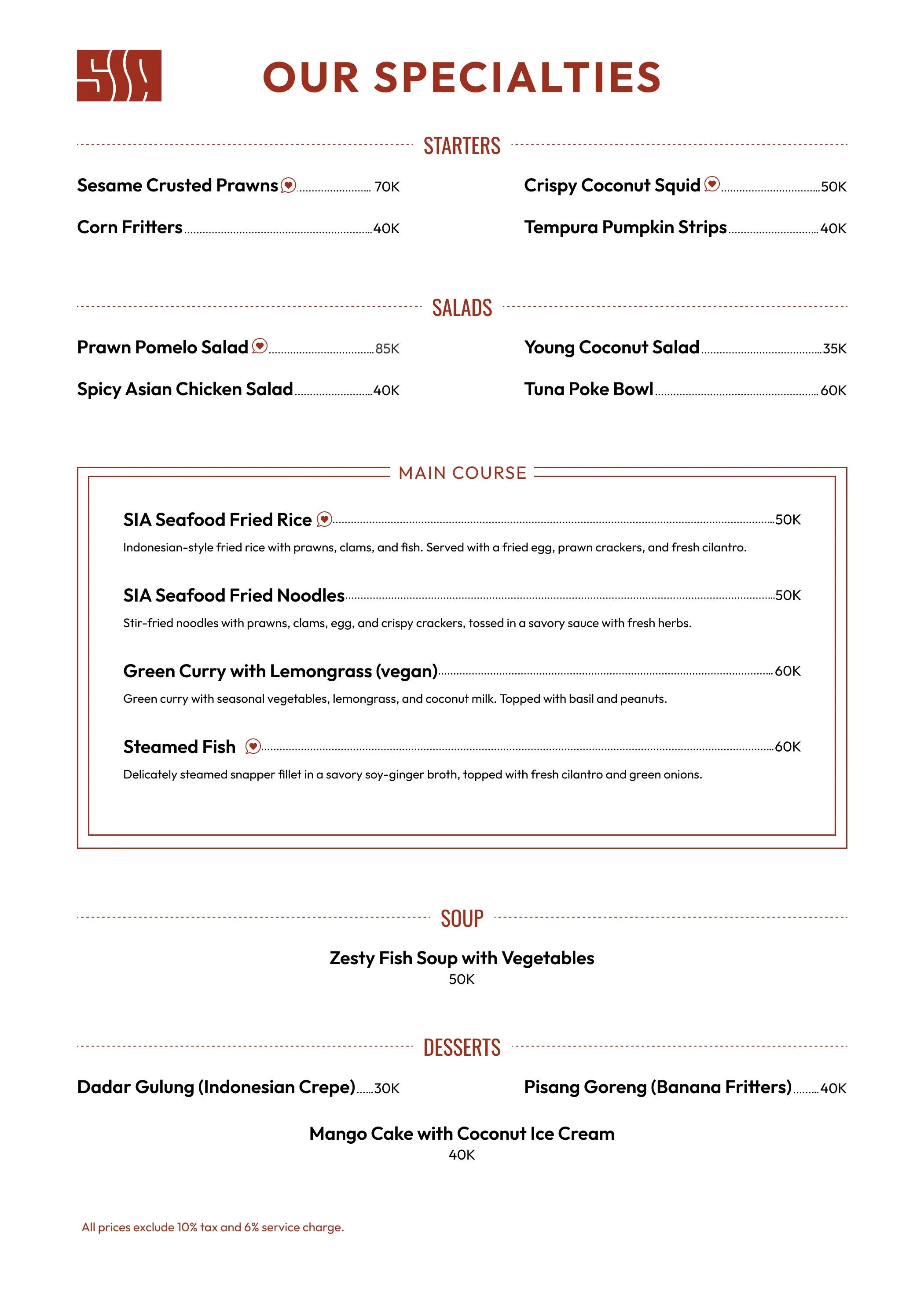 Sia food menu, page 1